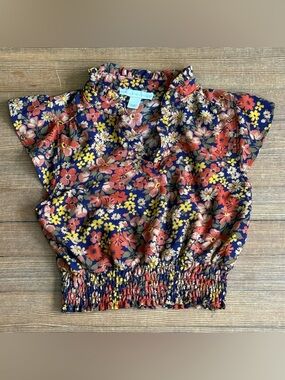 3/$15 Monteau Purple, Mustard Yellow, and Coral Red Floral Ruffle Crop Top (S)